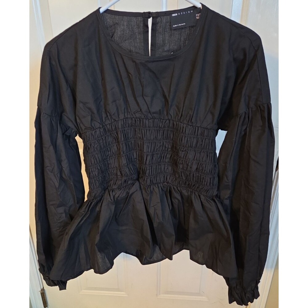 Asos Design Women Blouse Size 8 Black Elastic Waist and Cuffs New